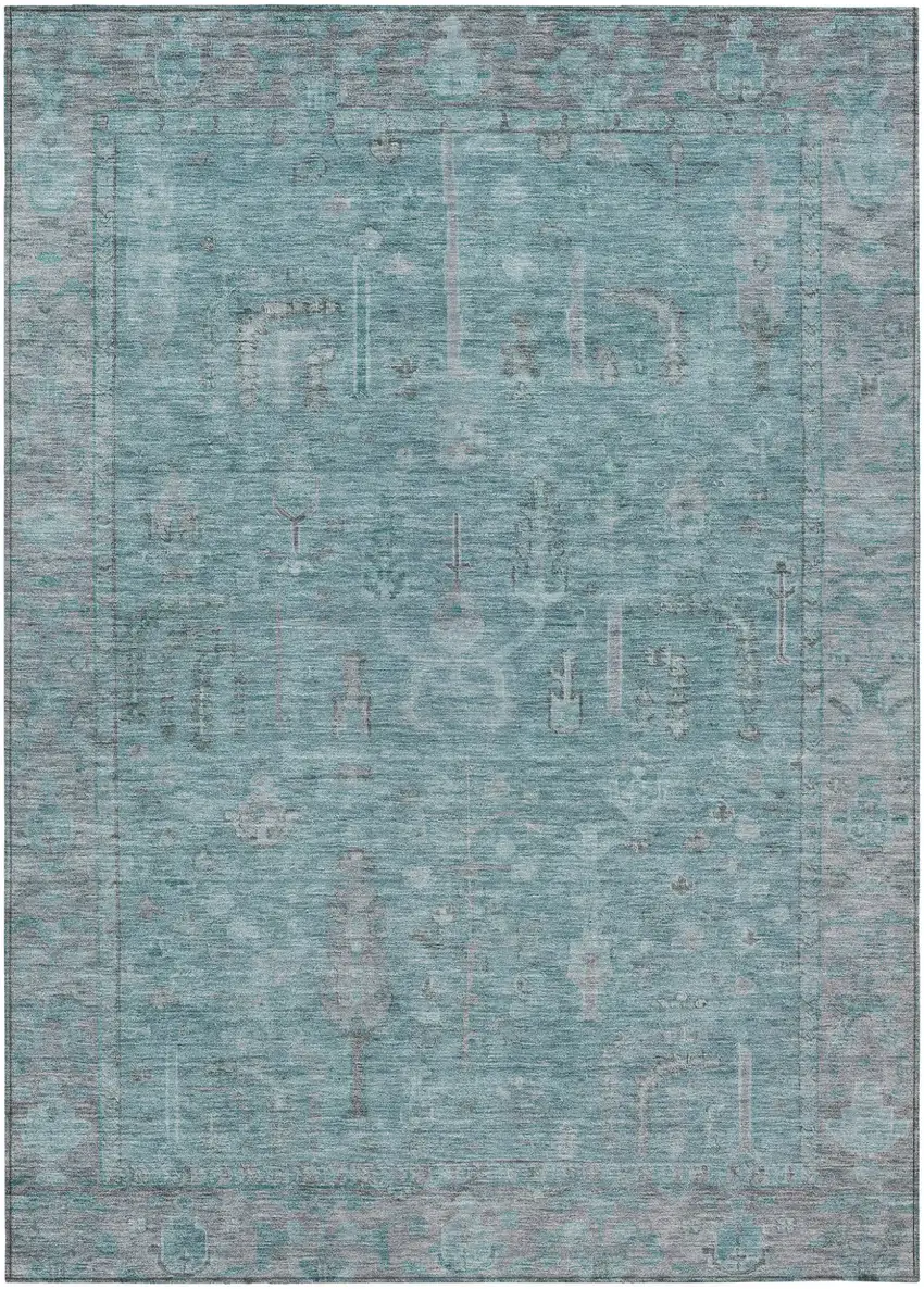 Teal Blue And Gray Oriental Washable Indoor Outdoor Area Rug Photo 2