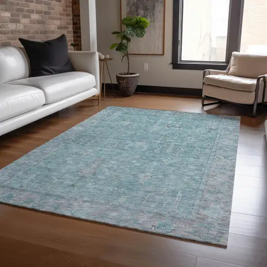 Teal Blue And Gray Oriental Washable Indoor Outdoor Area Rug Photo 8