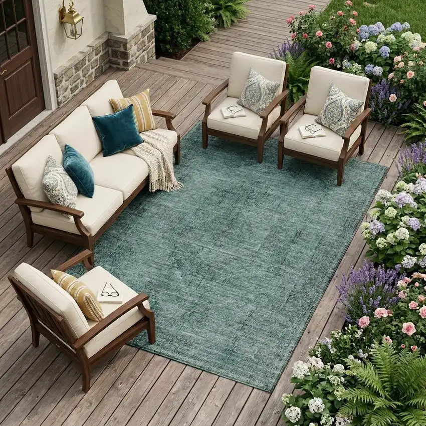 Teal Blue And Gray Oriental Washable Indoor Outdoor Area Rug Photo 1