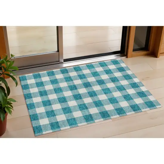 Teal Blue And Gray Plaid Washable Indoor Outdoor Area Rug Photo 1