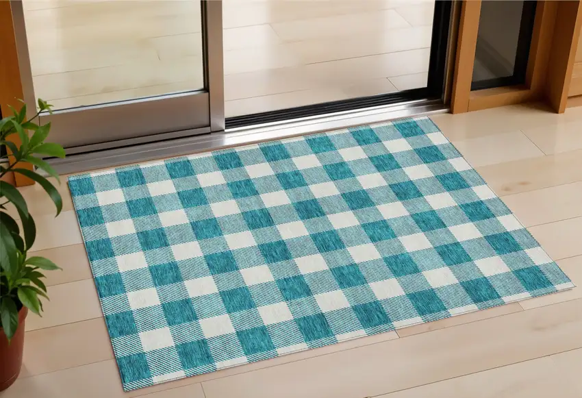 Teal Blue And Gray Plaid Washable Indoor Outdoor Area Rug Photo 1