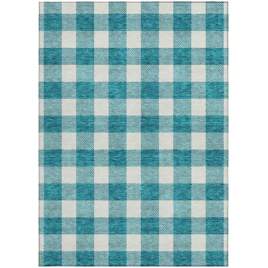 Teal Blue And Gray Plaid Washable Indoor Outdoor Area Rug Photo 7