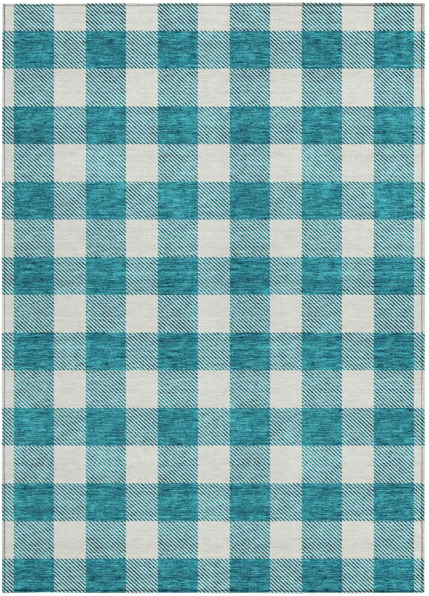 Teal Blue And Gray Plaid Washable Indoor Outdoor Area Rug Photo 7