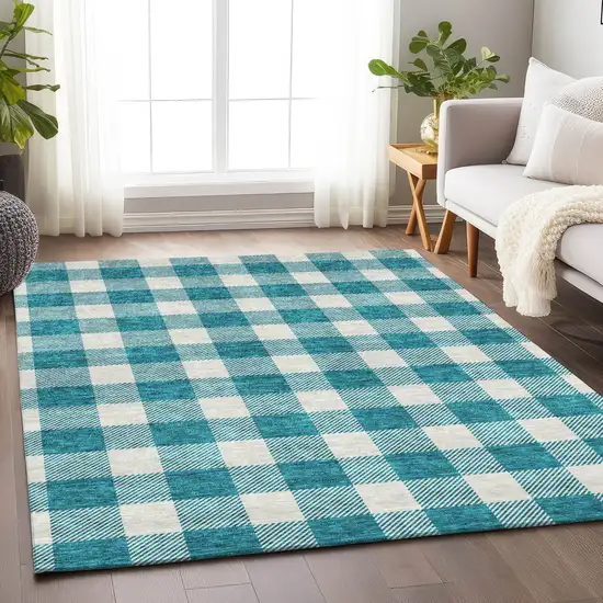 Teal Blue And Gray Plaid Washable Indoor Outdoor Area Rug Photo 9