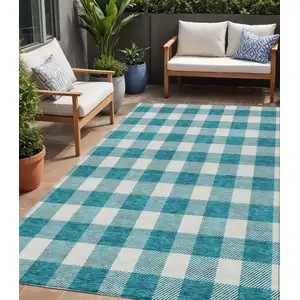 Photo of Teal Blue And Gray Plaid Washable Indoor Outdoor Area Rug