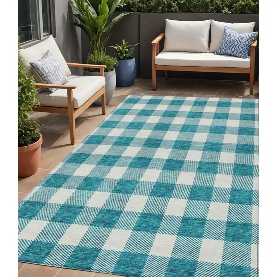 Teal Blue And Gray Plaid Washable Indoor Outdoor Area Rug Photo 1
