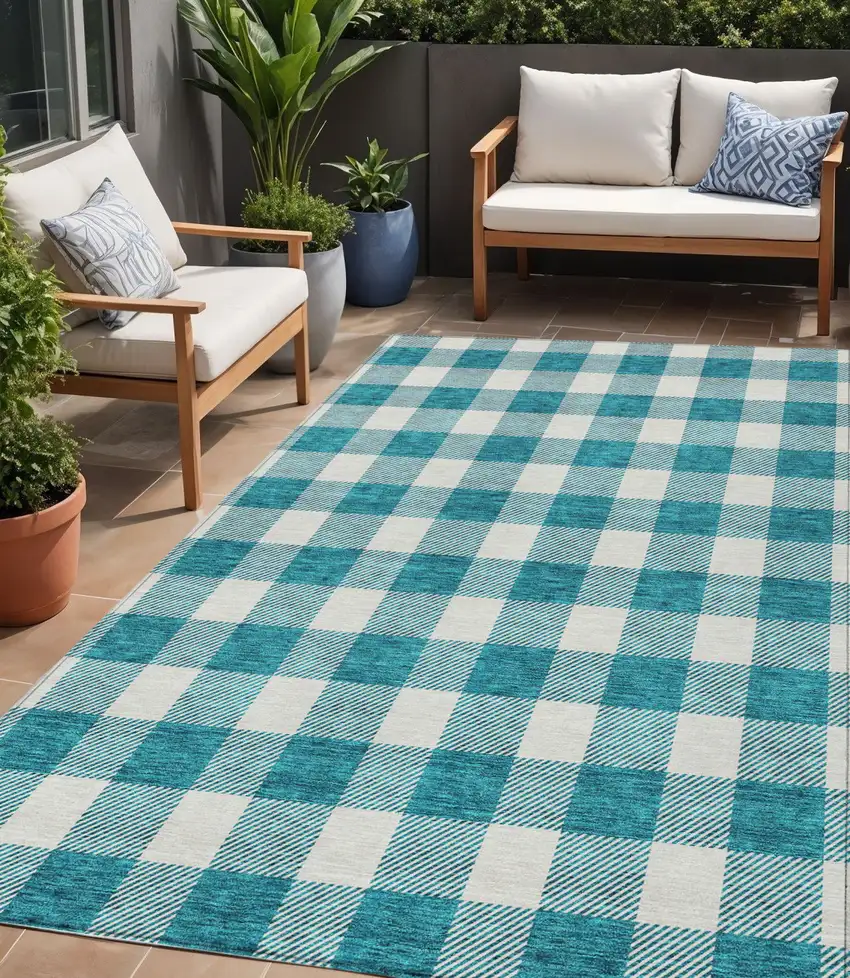 Teal Blue And Gray Plaid Washable Indoor Outdoor Area Rug Photo 1