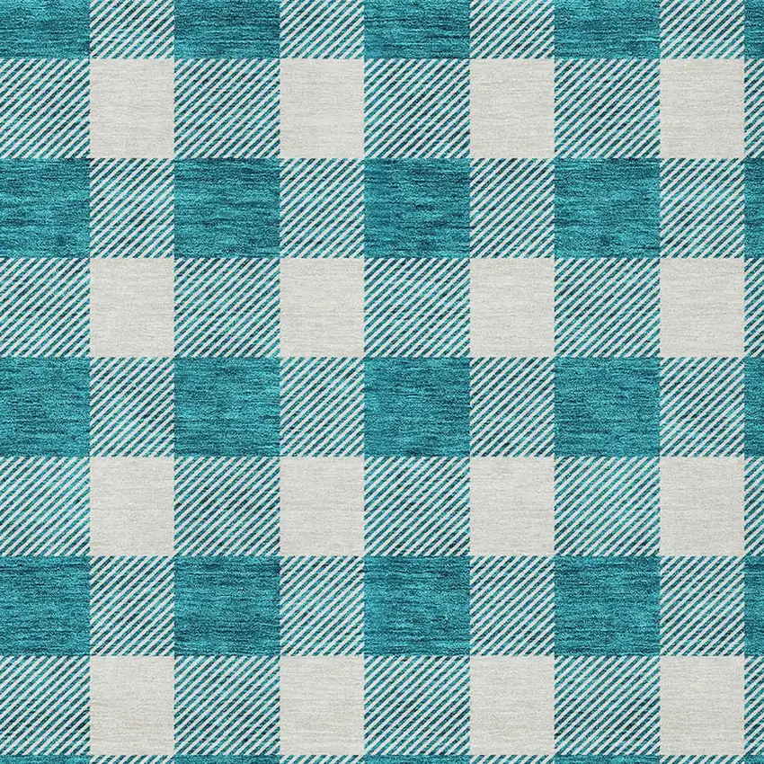 Teal Blue And Gray Plaid Washable Indoor Outdoor Area Rug Photo 6