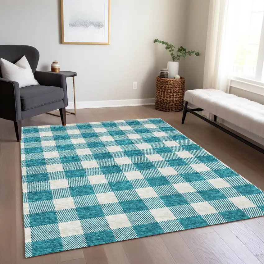 Teal Blue And Gray Plaid Washable Indoor Outdoor Area Rug Photo 9