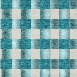 Photo of Teal Blue And Gray Plaid Washable Indoor Outdoor Area Rug