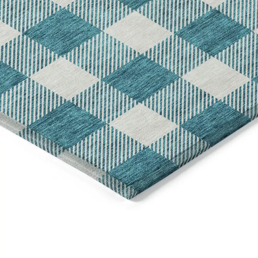 Teal Blue And Gray Plaid Washable Indoor Outdoor Area Rug Photo 5