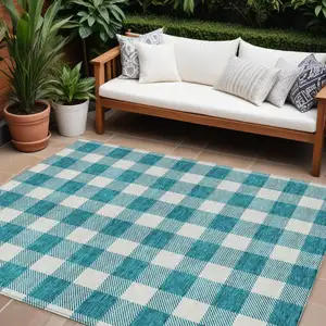 Photo of Teal Blue And Gray Plaid Washable Indoor Outdoor Area Rug
