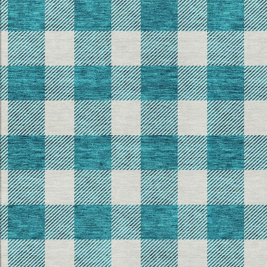 Teal Blue And Gray Plaid Washable Indoor Outdoor Area Rug Photo 6