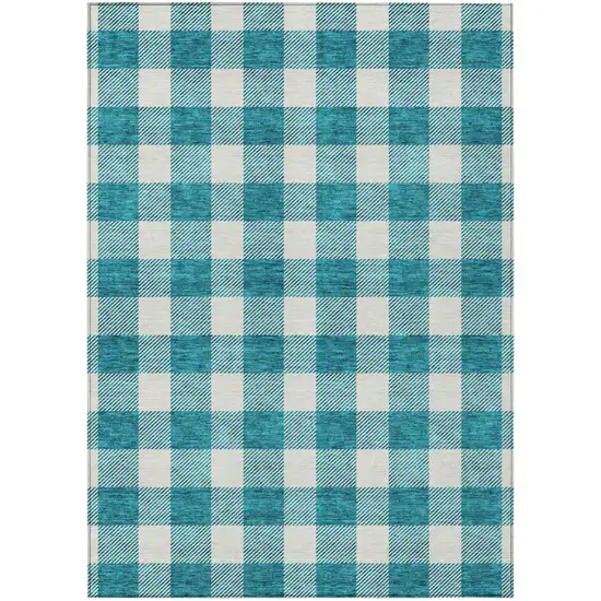 Teal Blue And Gray Plaid Washable Indoor Outdoor Area Rug Photo 2