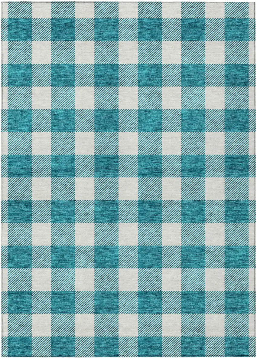 Teal Blue And Gray Plaid Washable Indoor Outdoor Area Rug Photo 2