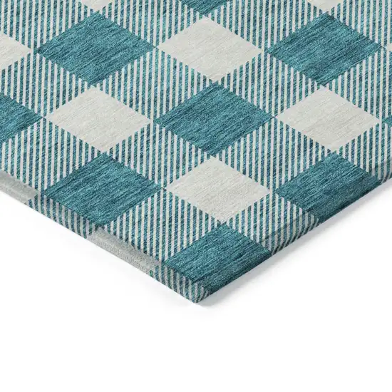 Teal Blue And Gray Plaid Washable Indoor Outdoor Area Rug Photo 5