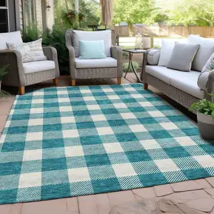 Photo of Teal Blue And Gray Plaid Washable Indoor Outdoor Area Rug