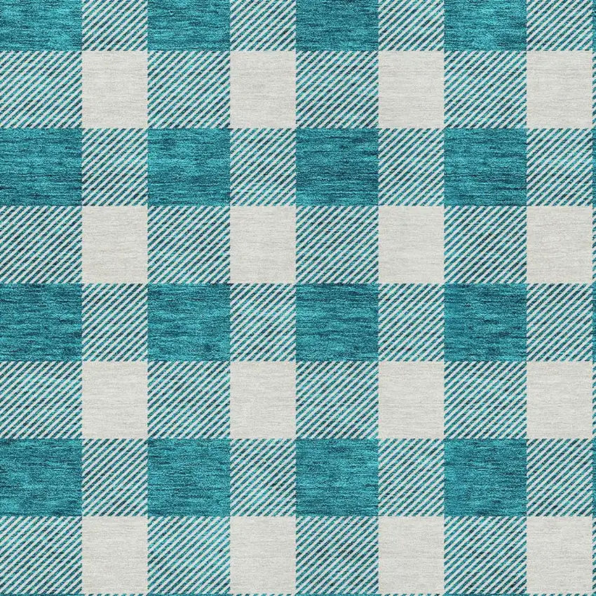Teal Blue And Gray Plaid Washable Indoor Outdoor Area Rug Photo 6