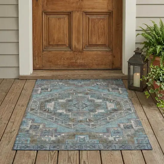 Teal Blue And Gray Southwestern Washable Indoor Outdoor Area Rug Photo 1