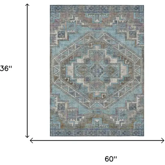 Teal Blue And Gray Southwestern Washable Indoor Outdoor Area Rug Photo 5