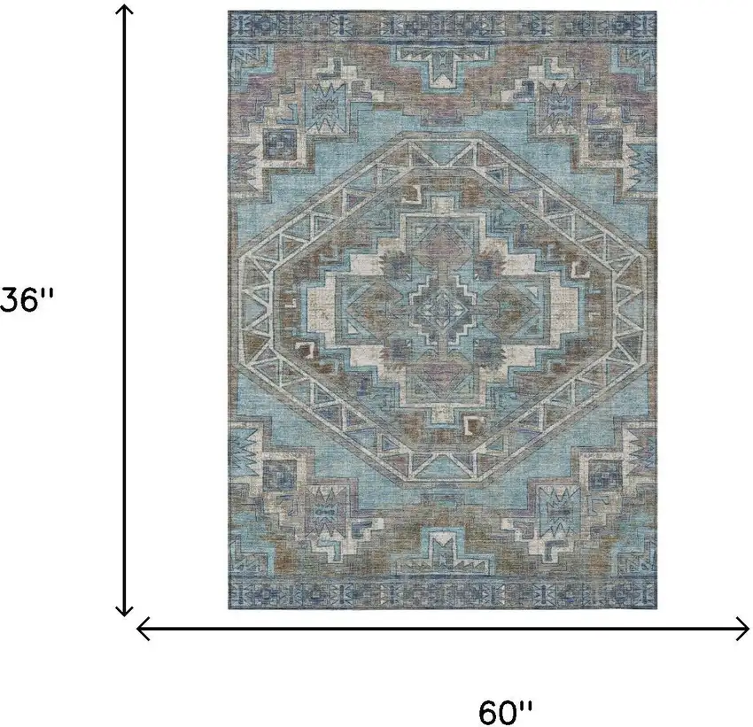 Teal Blue And Gray Southwestern Washable Indoor Outdoor Area Rug Photo 5