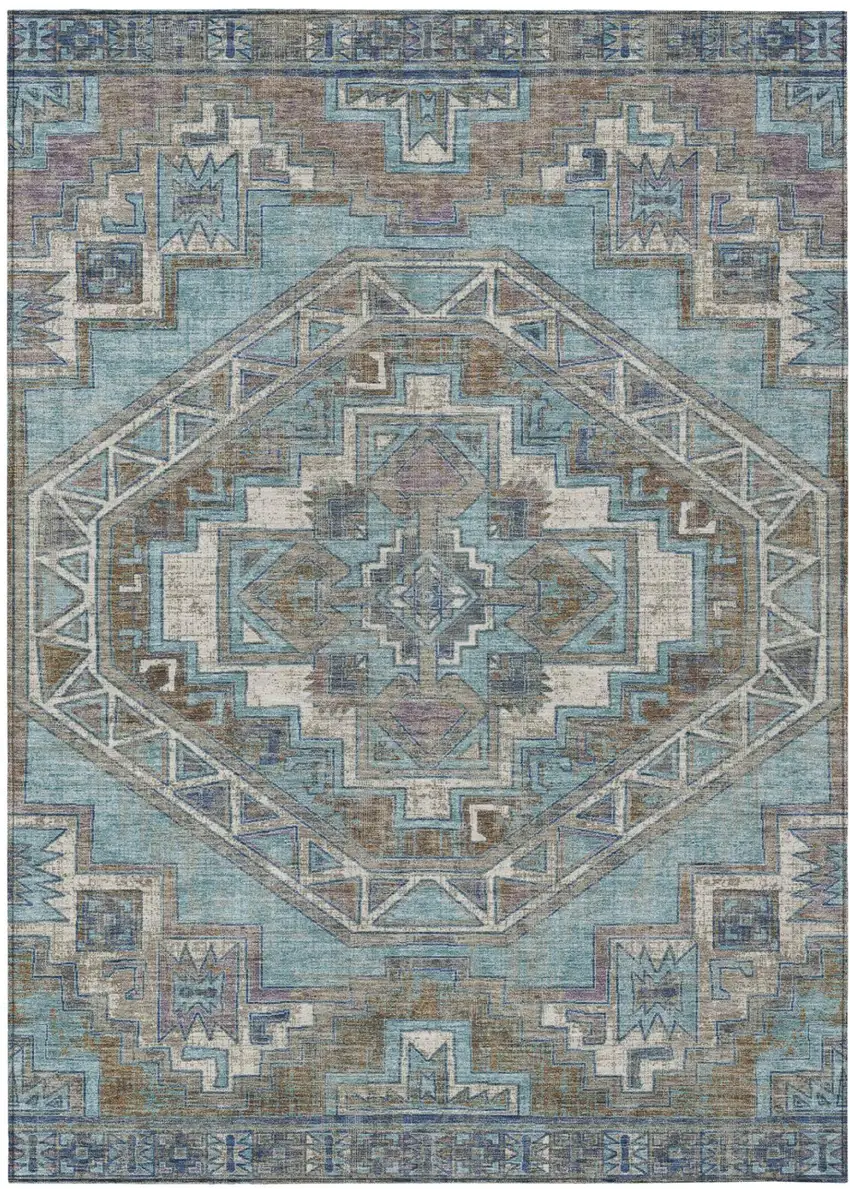 Teal Blue And Gray Southwestern Washable Indoor Outdoor Area Rug Photo 2