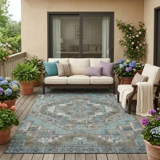 Teal Blue And Gray Southwestern Washable Indoor Outdoor Area Rug Photo 1