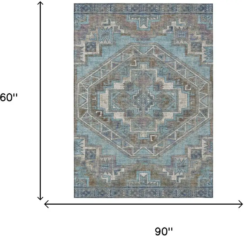 Teal Blue And Gray Southwestern Washable Indoor Outdoor Area Rug Photo 5