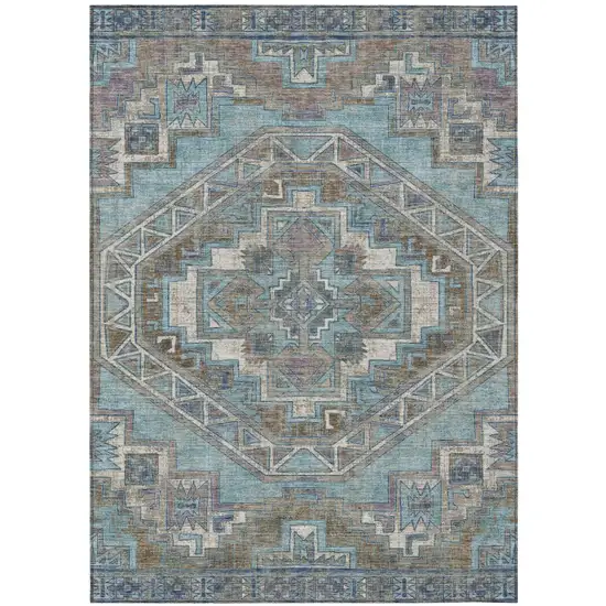 Teal Blue And Gray Southwestern Washable Indoor Outdoor Area Rug Photo 2