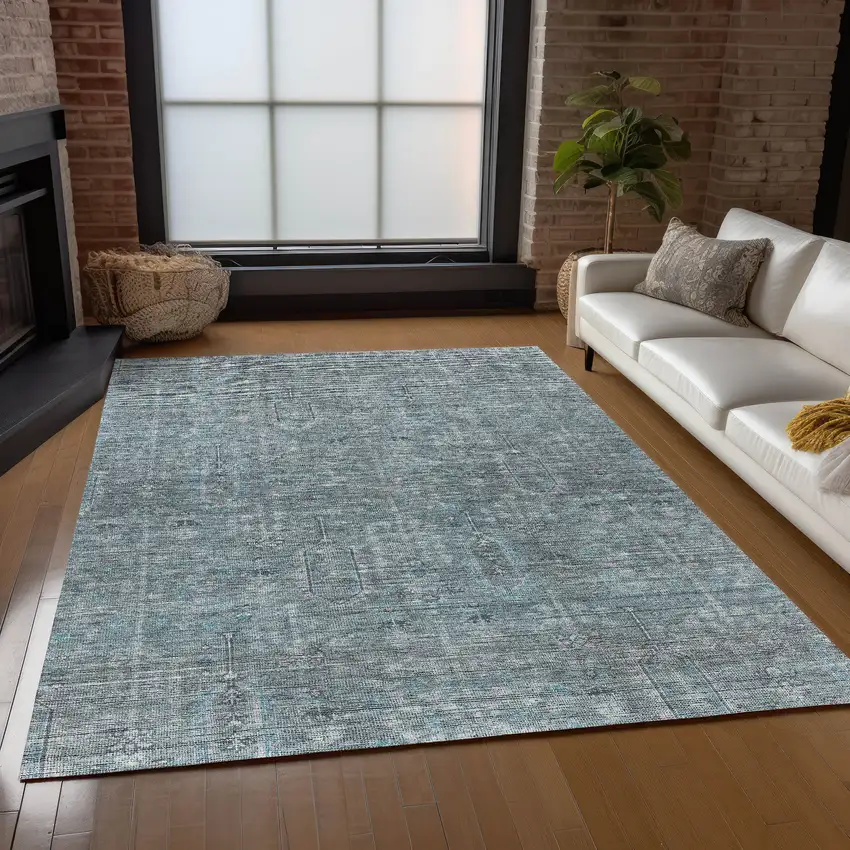 Teal Blue And Gray Southwestern Washable Indoor Outdoor Area Rug Photo 9