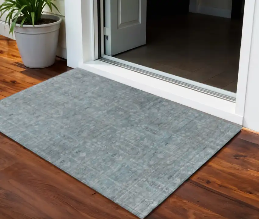 Teal Blue And Gray Southwestern Washable Indoor Outdoor Area Rug Photo 1