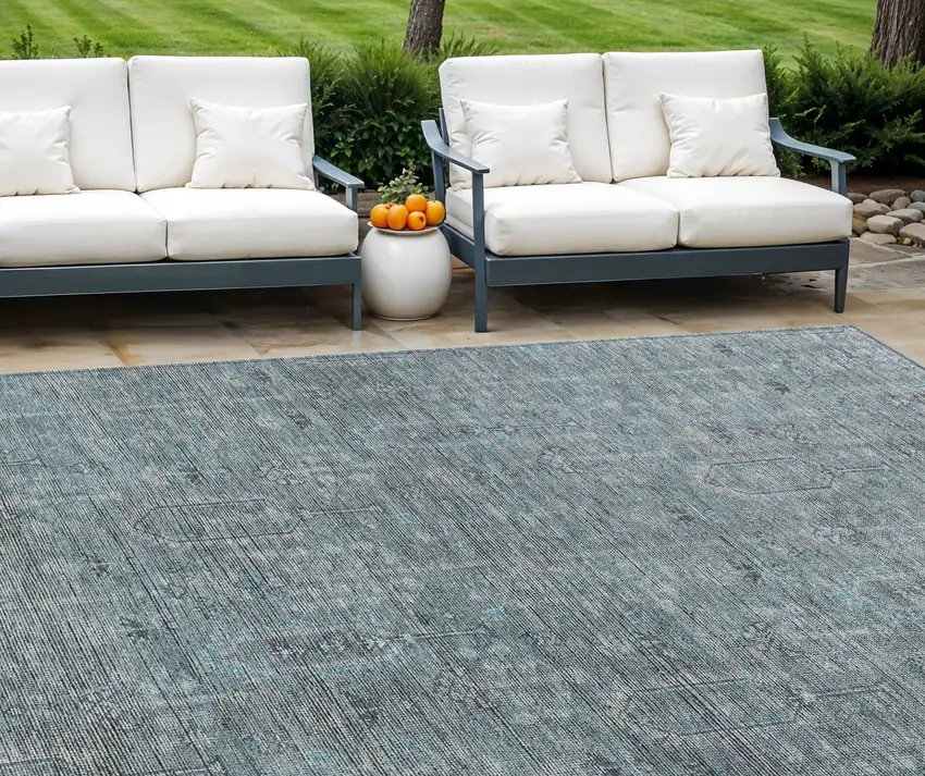 Teal Blue And Gray Southwestern Washable Indoor Outdoor Area Rug Photo 1