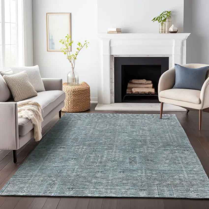 Teal Blue And Gray Southwestern Washable Indoor Outdoor Area Rug Photo 9