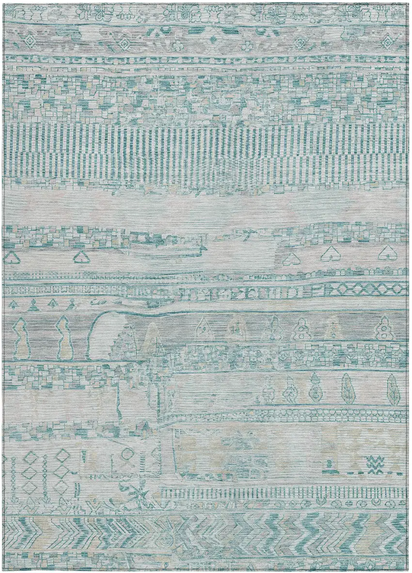 Teal Blue And Gray Striped Washable Indoor Outdoor Area Rug Photo 3