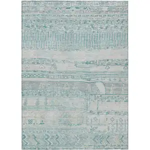 Photo of Teal Blue And Gray Striped Washable Indoor Outdoor Area Rug
