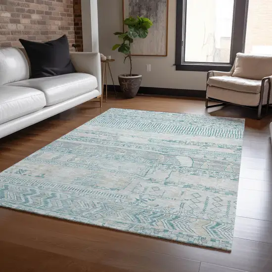 Teal Blue And Gray Striped Washable Indoor Outdoor Area Rug Photo 6