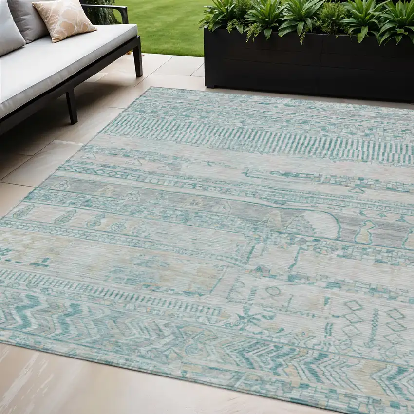 Teal Blue And Gray Striped Washable Indoor Outdoor Area Rug Photo 2