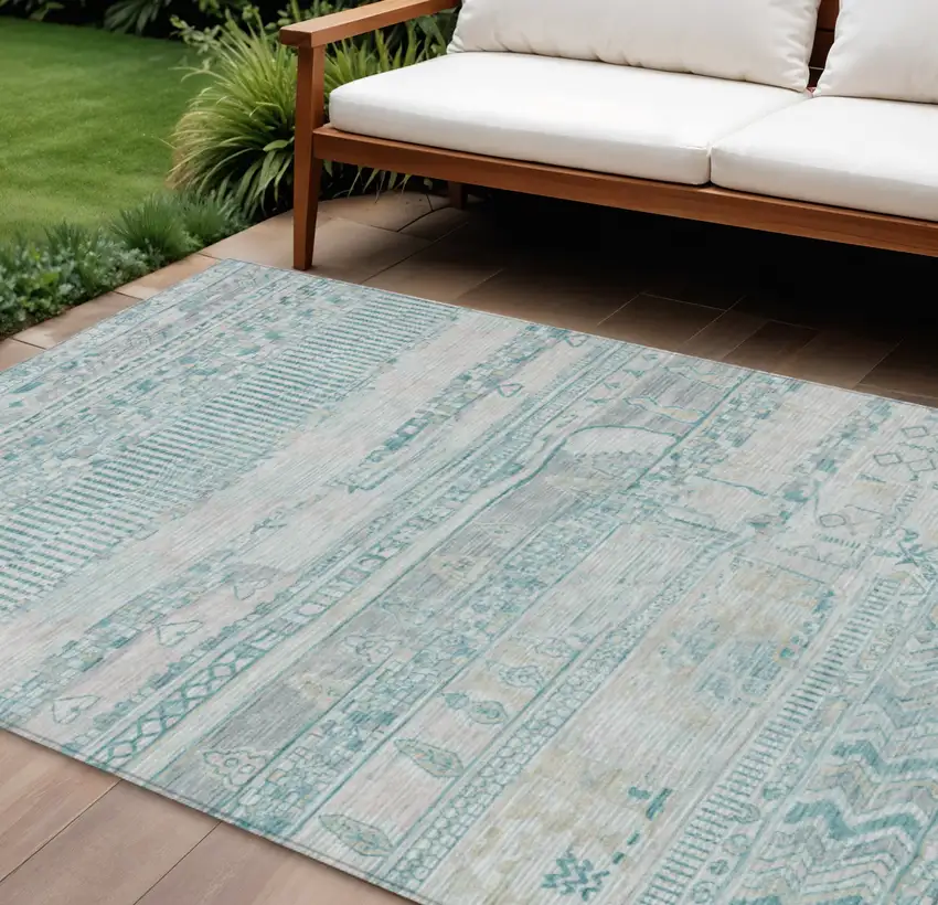 Teal Blue And Gray Striped Washable Indoor Outdoor Area Rug Photo 2