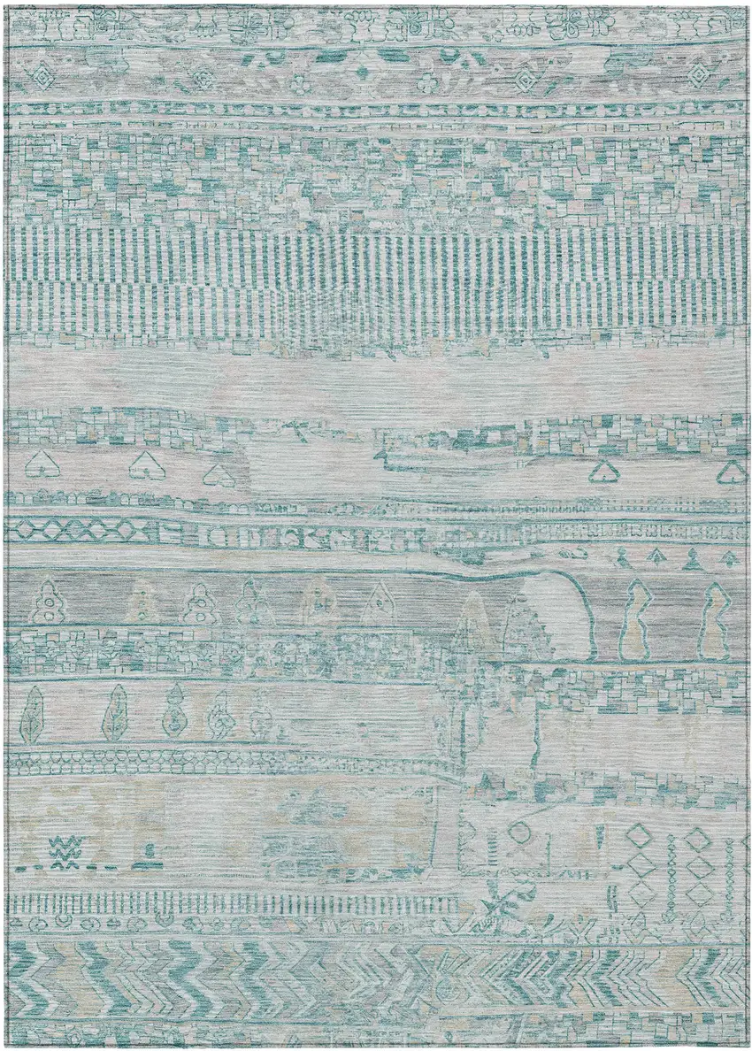 Teal Blue And Gray Striped Washable Indoor Outdoor Area Rug Photo 1