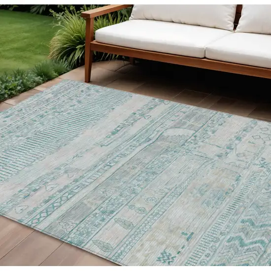 Teal Blue And Gray Striped Washable Indoor Outdoor Area Rug Photo 2