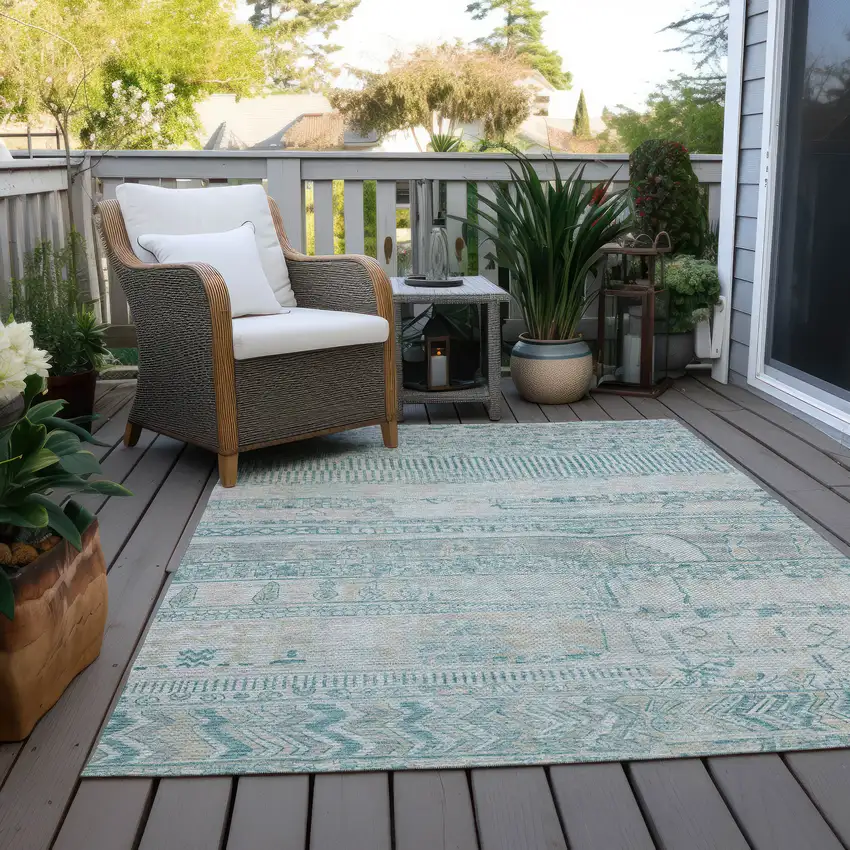 Teal Blue And Gray Striped Washable Indoor Outdoor Area Rug Photo 7