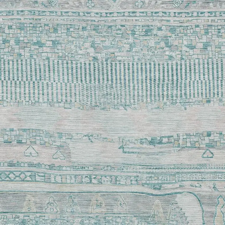 Teal Blue And Gray Striped Washable Indoor Outdoor Area Rug Photo 2