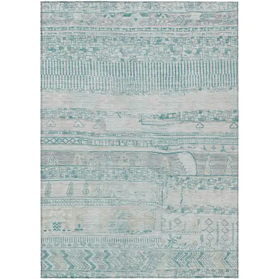Teal Blue And Gray Striped Washable Indoor Outdoor Area Rug Photo 1