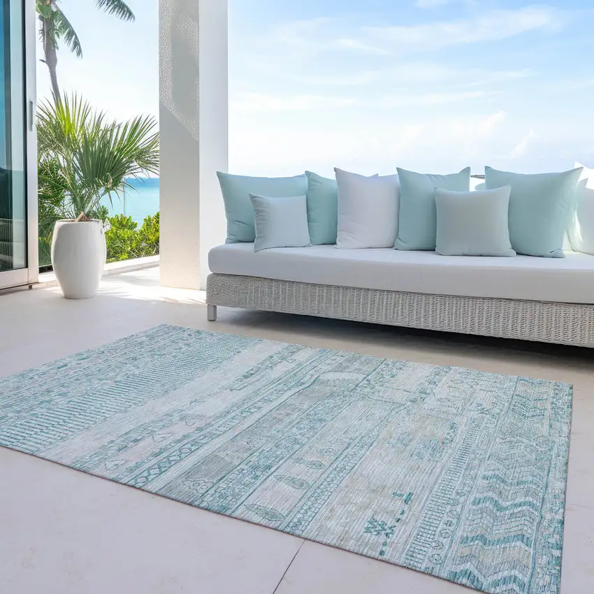 Teal Blue And Gray Striped Washable Indoor Outdoor Area Rug Photo 4