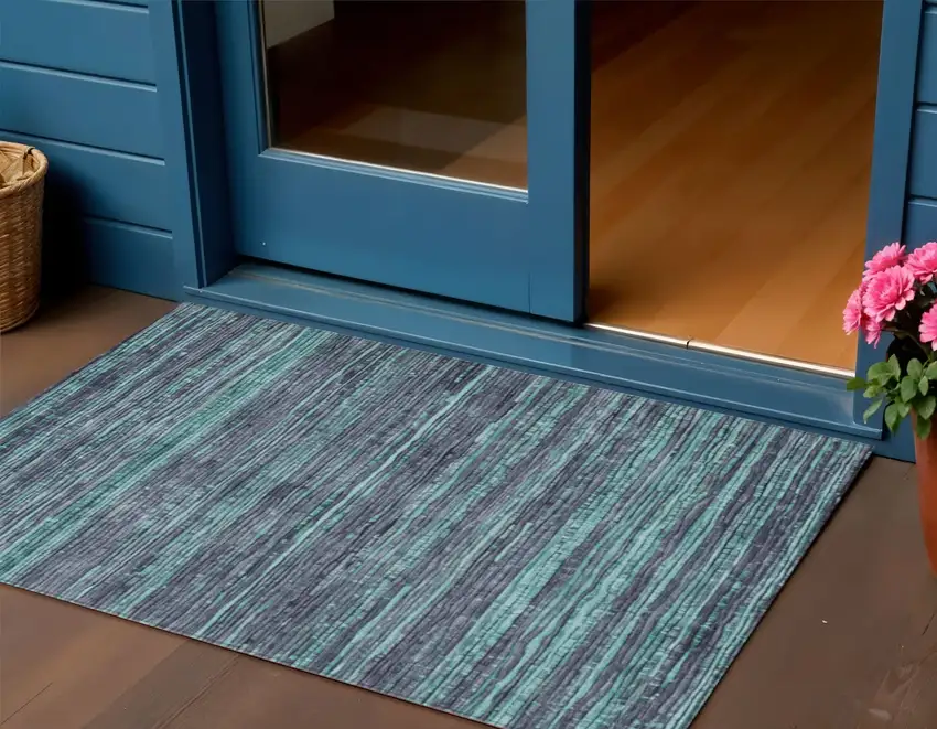 Teal Blue And Gray Striped Washable Indoor Outdoor Area Rug Photo 2