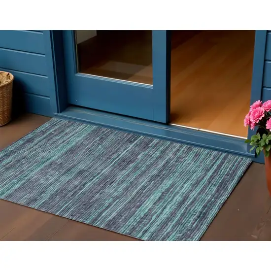 Teal Blue And Gray Striped Washable Indoor Outdoor Area Rug Photo 2