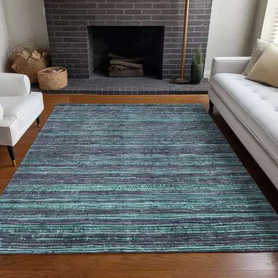 Teal Blue And Gray Striped Washable Indoor Outdoor Area Rug Photo 6