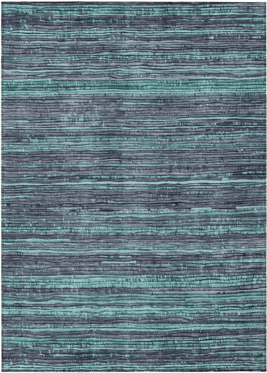 Teal Blue And Gray Striped Washable Indoor Outdoor Area Rug Photo 8
