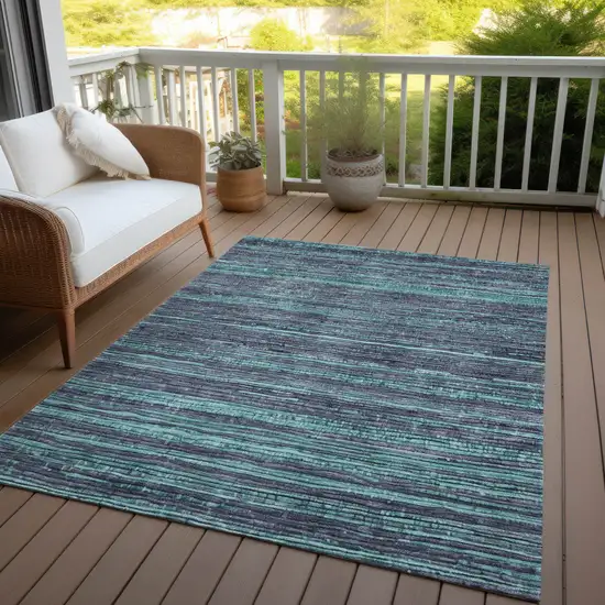Teal Blue And Gray Striped Washable Indoor Outdoor Area Rug Photo 5