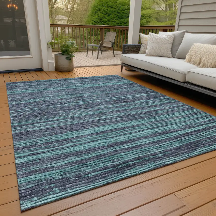 Teal Blue And Gray Striped Washable Indoor Outdoor Area Rug Photo 8